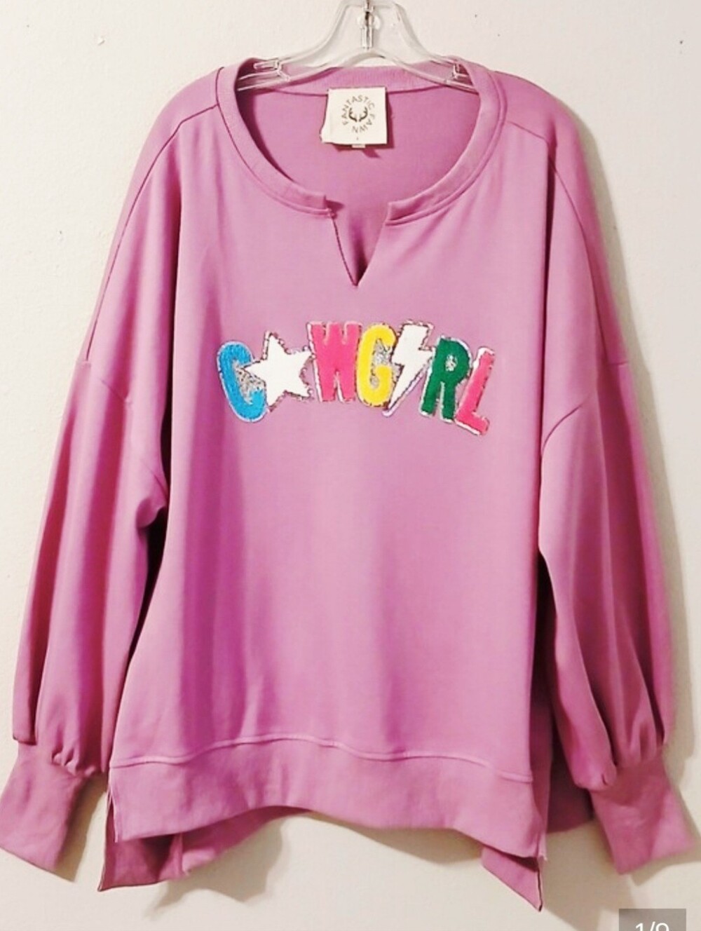Fantastic Fawn Cowgirl Puffy Letters And Sequins Oversized Tunic Sweatshirt